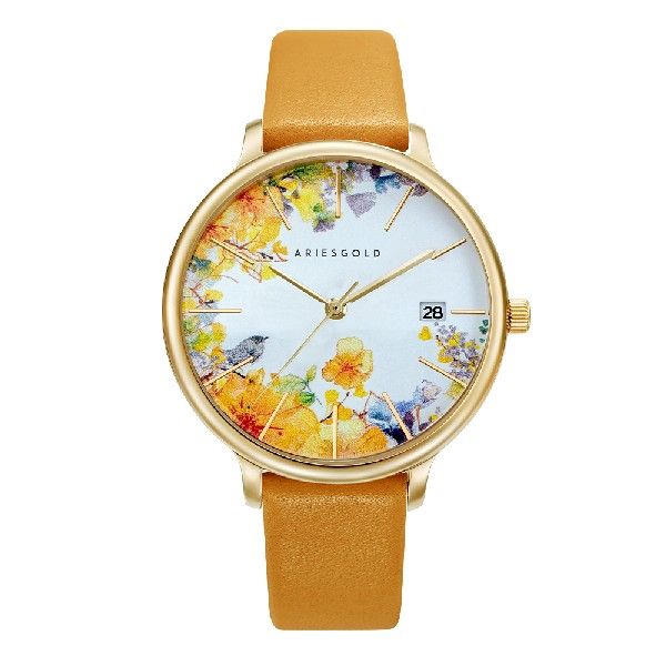 ARIES GOLD ENCHANT FLEUR GOLD STAINLESS STEEL L 5035A G-YFL MUSTARD YELLOW LEATHER STRAP WOMEN'S WATCH